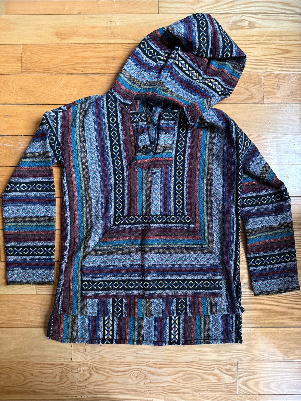 Forever 21 Striped Hooded Pullover in Black with Teal & Burgundy Accents